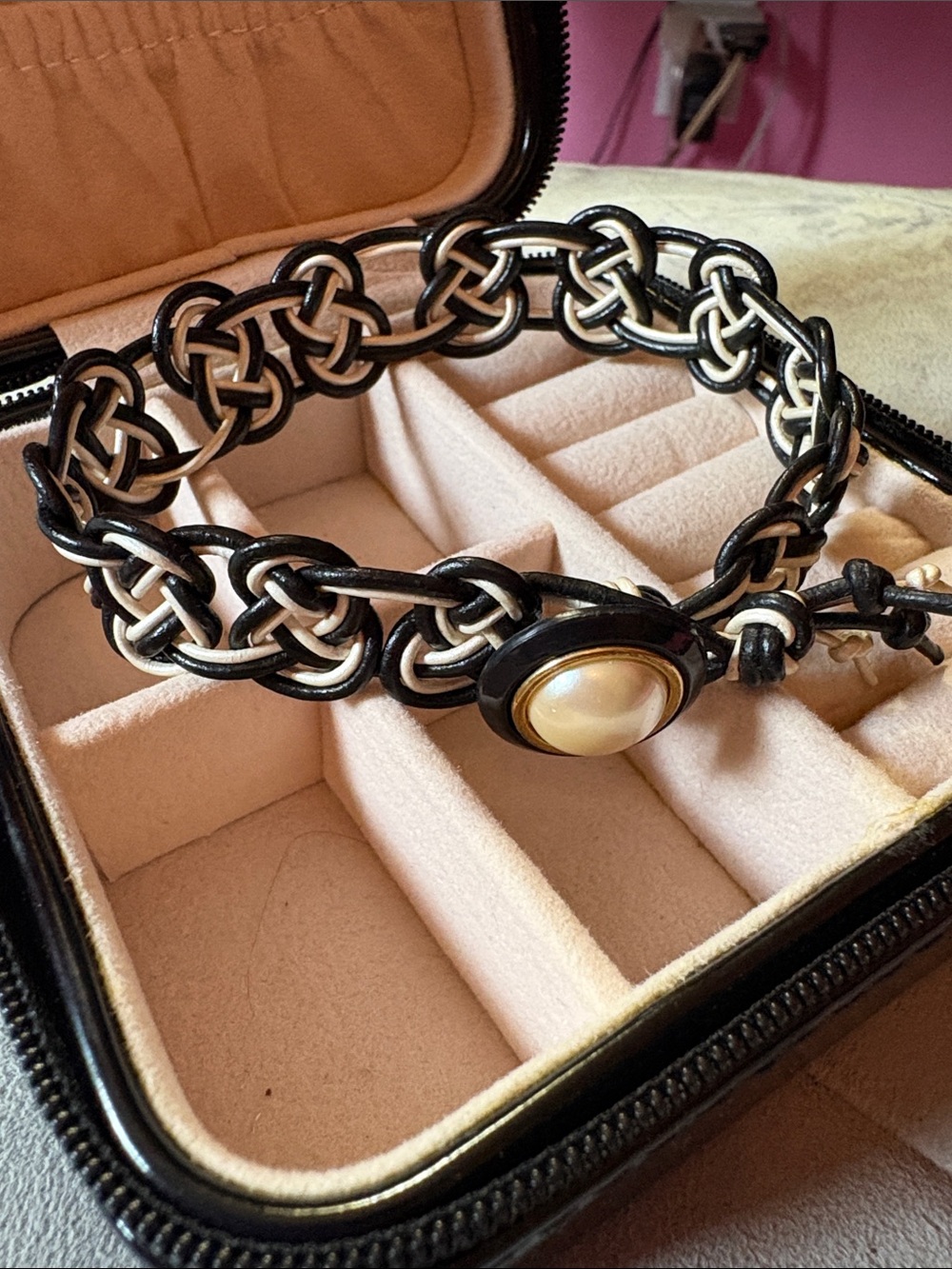 Black and Cream Braided Leather bracelet with Pearl Button Accent